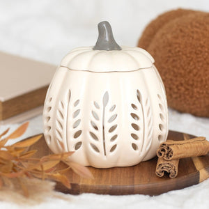 Cream & Grey Leaf Cut Out Ceramic Pumpkin Oil Burner