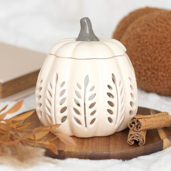 Cream & Grey Leaf Cut Out Ceramic Pumpkin Oil Burner